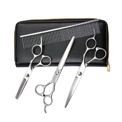 GTT 4 Pieces Professional Pet Grooming Scissors Set, Perfect for Dog or Cat, Durable Stainless Steel Provided with 7-inch Cutting Scissors, Thinning Shear, Curved Scissors, Comb