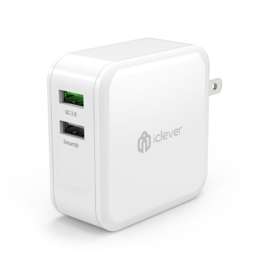 36W Quick Charge 3.0, iClever BoostCube Dual USB Wall Charger with QC 3.0 and SmartID Tech [Foldable Plug] for Galaxy S7 S6 Edge, Note 5 4, LG G5 G4, HTC 10 A9 M9, Nexus 6, iPhone iPad and More