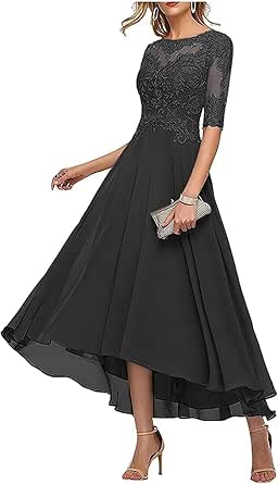 Women's Lace Appliques Mother of The Bride Dresses 3/4 Sleeve Chiffon Tea Length Beaded Forma Evening Party Gown DE156