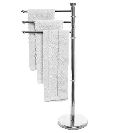 MyGift Modern Stainless Steel 3 Swivel Arm Towel Holder Rack, Freestanding Hand Towel Bar Stand
