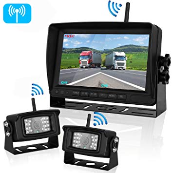 Upgraded Dual Digital Wireless Backup Camera Dash Cam 7'' Monitor Recorder System for RV/Pickup/Truck/Trailers/5th Wheel Rear/Side/Front View Driving/Reversing Use IP69K Waterproof Night Vision