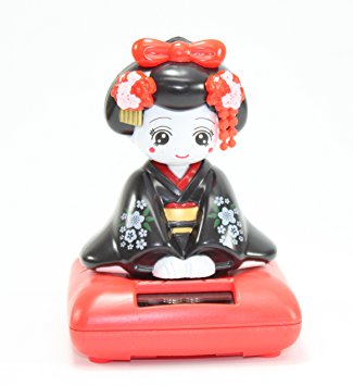 A Sitting Black Geisha Girl Solar Powered Japanese Kimono Car Bobble Head Doll Figurine (Black Sit)