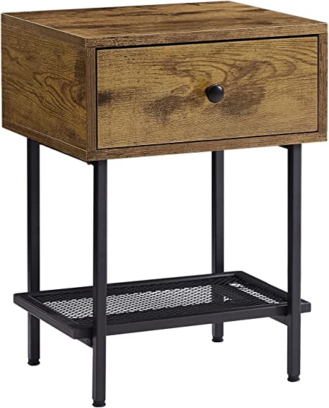 VECELO Nightstand, End Side Table with Storage Drawer and Open Metal Mesh Shelf,for Living Room Bedroom,Industrial Night Stand Bedside,Easy Assembly, Rustic Brown 1 Pack