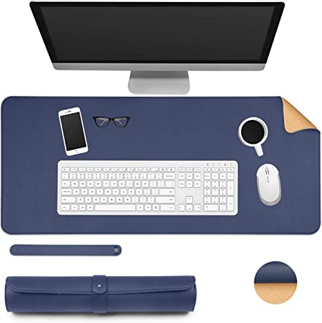 Ewolee Desk Pad, Office Desk Mat 70 * 30cm Natural Cork PU Leather Desk Protector Mat Non-Slip Waterproof Laptop Keyboard Mouse Mat for Office Home School(Dark Blue   Cork)