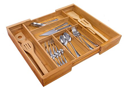 Expandable Bamboo Wooden Utensil Tray with 7 Compartments,Durable and Adjustable Cutlery Drawer Organizer,Nice Flatware Holder,Antimicrobial Drawer Divers