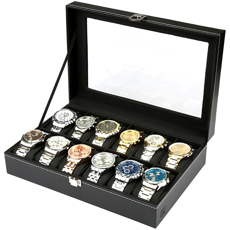H&S® Glass Lid 12 Watch Jewellery Display Storage Box Case Bracelet Tray Faux Leather Black
