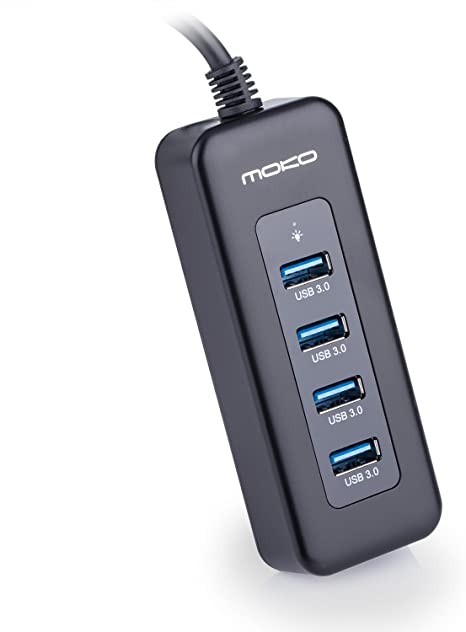 MoKo Protable 4 Port USB 3.0 Superspeed Hub for MacBook Air, Surface Pro, and Windows 8 Tablet (4 Port Compact, Bus-Powered, Built-in 1.46 Cable), Black