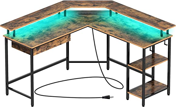 Rolanstar Computer Desk with Drawer,55" Reversible L Shaped Computer Corner Gaming Desk with LED Strip & Power Outlets and Monitor Stand,Home Office Desk with USB Port&Hook,Rustic Brown