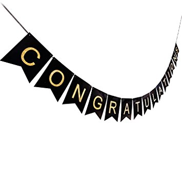 AHAYA CONGRATULATIONS CONGRATS Banner Swallowtail, Shimmering Gold Letters & Black Background, Classy Luxurious Decorations for Party by