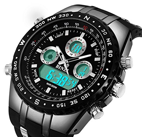 BINZI Big Face Sports Watch for Men, Waterproof Military Wrist Digital Watch in Black Silicone Band