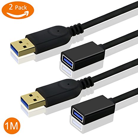 TedGem 2 Pack USB 3.0 Extension Cable (3.3 ft/1 M), USB 3.0 Type A Male to Female Cord Cable, High Speed, Super Fast 5Gbps Data Transfer Sync Lead - Black (2 pcs)