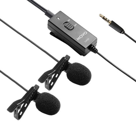 Movo LV20 Dual Capsule Battery-Powered Lavalier Clip-on Omnidirectional Condenser Interview Microphone for Cameras Camcorders and Recorders TRS 35mm Plug