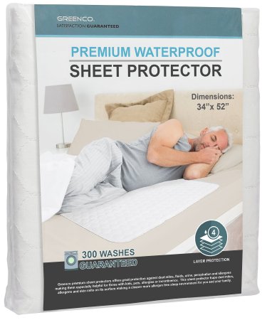 Greenco Premium Hypoallergenic Waterproof Sheet Protector, 34 x 52" 8 Cups Absorbency, 300 Machine Washes