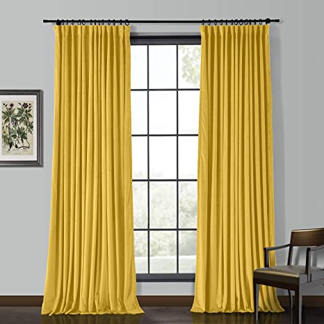 ChadMade Solid Matt Heavy Velvet Curtain 66" W x 102" L, Pencil Pleat Drapery with Blackout Lining For Living Room Bedroom (Yellow, 1 Panel)