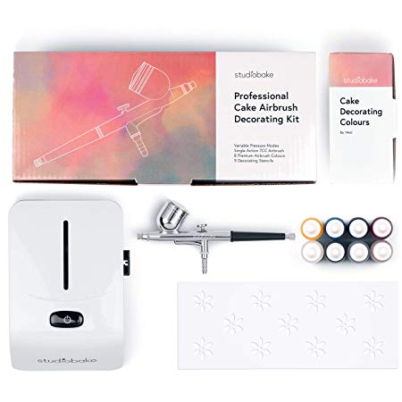 Studiobake® Cake Airbrush Kit - Premium Decorating Equipment Set - 8 x Airbrush Paint Colours & 5 x Stencil Tools - 5-in-1 Pressure Controlled Compressor - Perfect for Home & Professional Baking
