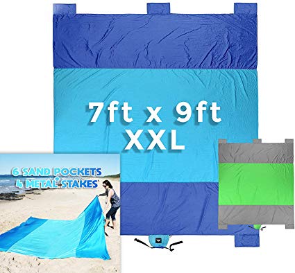 RUMPES Sand Proof Beach Blanket: Nylon Lightweight & Quick Drying (7ft x 9ft) / Water Proof Resistant/Durable Portable & Compact Beach Towel, Camping, Picnic, Outdoor Events w/ 5 Sand Weight Pockets