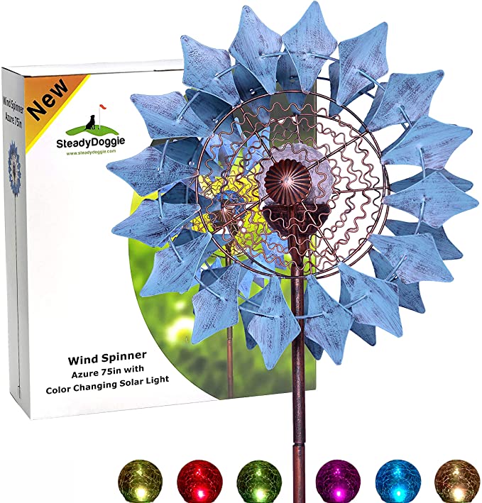 Solar Wind Spinner Azure 75 inches (1.9m) - Multi-Colour LED Light for Patio, Backyard & Garden - Unique Among Kinetic Wind Spinners - Weatherproof and Easy to Install Metallic Wind Spinner