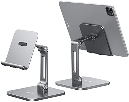 Yoobao Tablet Stand Multi-Angle Tablet Holder Desktop iPad Stand Adjustable & Foldable Aluminum Cell Phone Stand for 4-13'' iPad Pro Air Mini Kindle iPhone 11 Pro XR Xs Max & More-Gray