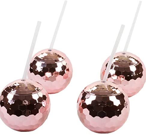 Andaz Press 1970s Disco Ball 19 oz Drink Tumbler with Straw, Rose Gold Pink Champagne Copper, 4-Pack
