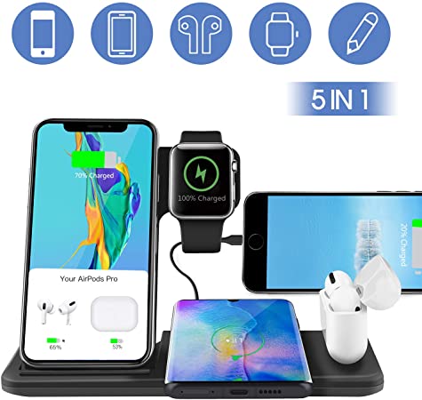 Abitku 5 in 1 Qi Fast Wireless Charger Stand, Wireless Charging Station for Apple Watch Series 5/4/3/2/1& AirPods1/2/Pro & Pencil & iPhone 11/11 Pro Max/XR/XS Max/Xs/X/SE/8P(Black)