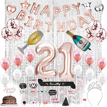 21st Birthday Decorations |21 Birthday Party Supplies|21 Cake Topper|Banner|Finally 21 Sash,Tiara |Rose Gold Confetti Balloons for her|2 Silver Fringe Foil Curtain with Photo Booth Props for 21st Bday