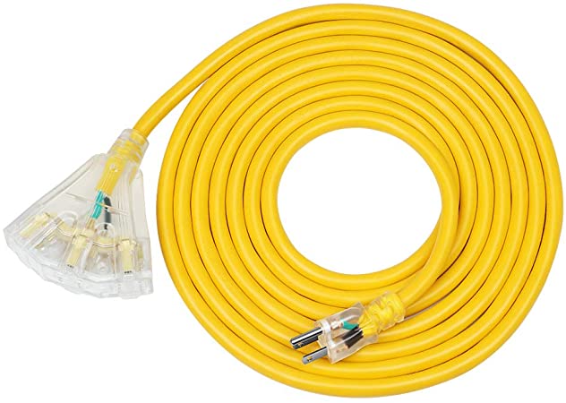 DEWENWILS 15 FT 12/3 Gauge Indoor/Outdoor Tri-Tap Extension Cord Splitter, SJTW 15 Amp Yellow Outer Jacket Contractor Grade Heavy Duty Power Cable with LED Lighted Plug, UL Listed