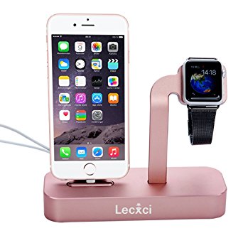 iPhone/iWatch Charger Stand, 2 In 1 Apple Charging Dock, Lecxci [Pure Aluminum] Rose Gold iWatch and iPhone Charging Stand for iWatch Series 1 / 2 [38mm/42mm], iPhone 5s/6/6s Plus/7 7 Plus (Rose Gold)