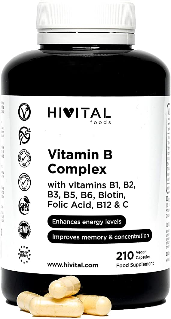 Vitamin B Complex | 210 Vegan Capsules for 7 Months | Vitamin B Complex with B1, B2, B3, B5, B6, B12, Biotin and Folic Acid | Increases Energy Levels and Improves Focus and Memory