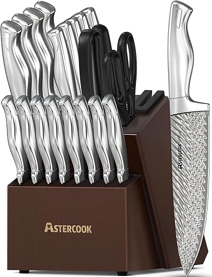 Astercook Knife Set, 21 Piece Kitchen Knife Set with Block, Built-in Knife Sharpener, German Stainless Steel Knife Block Set, Dishwasher Safe