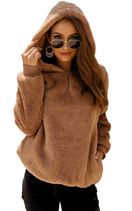 Angashion Womens Long Sleeve Half Zip Fuzzy Fleece Pullover Jacket Outwear Sweatshirt Tops Coat with Pocket