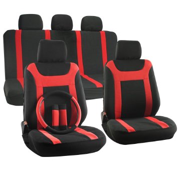 OxGord 17pc Set Flat Cloth Mesh Red & Black Y Stripe Seat Covers Set - Airbag Compatible - Front Low Back Buckets - 50/50 or 60/40 Rear Split Bench - 5 Head Rests - Universal Fit for Car, Truck, Suv, or Van - FREE Steering Wheel Cover