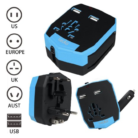 Lecxci AC Universal World Travel Adaptor with 2 USB Ports for Mobile Phone/Tablet/Camera/Laptop/Shaver Best All in One International Travel Plug Adapter Power Wall Charger US/UK/Australia/Europe with Car Charger (Blue)