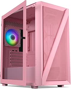 Vetroo M05 Pink ATX PC Gaming Case with Slashes on Front Panel & Tempered Glass Side Panel, Pre-Installed ARGB Fan, 7 Removable PCI Slots, Supports a 240mm Water Cooler and Type-C Ready