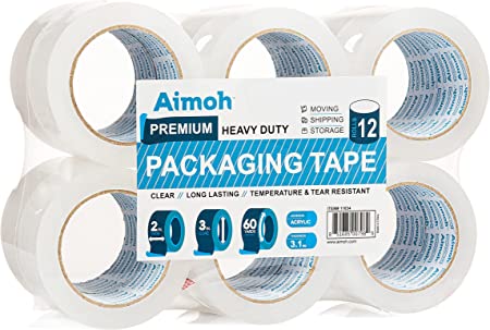12 Rolls Super Heavy Duty Clear Packing Tape -Acrylic Adhesive- 3.1mil Ultra Strong Commercial Grade- Size 1.88 x 60 Yard- 3 Inch Core- Refill - Moving-Packaging-Shipping - 12 Rolls (11634)