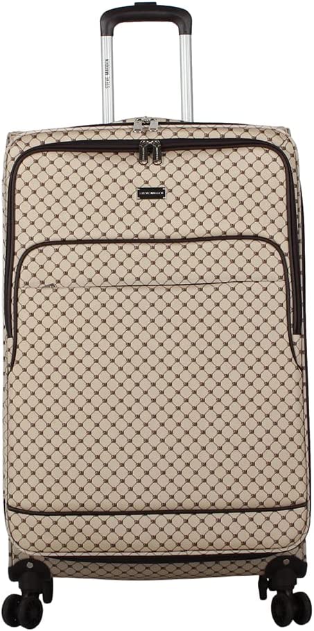 Steve Madden Designer Luggage - Checked Large 28 Inch Softside Suitcase - Expandable for Extra Packing Capacity - Lightweight Bag with Rolling Spinner Wheels (Noble Brown/Tan, 28in)