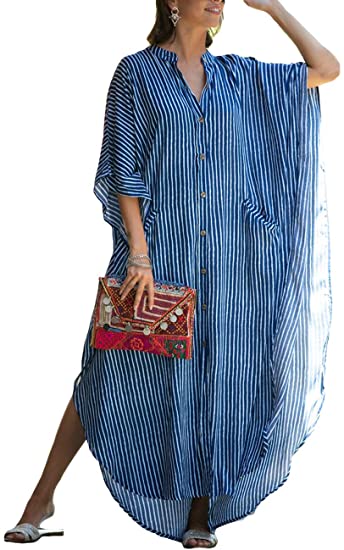 Bsubseach Women Stylish Plus Size Beach Shirt Dress Loose Button Up Bikini Cover Up