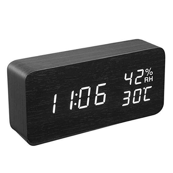 KeeKit Digital Alarm Clock, Wooden LED Desktop Clock with Temperature Humidity Time Display, Voice Control, 3 Levels Adjustable Brightness, 3 Alarm Settings, USB/Battery Powered for Home, Bedroom