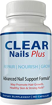 Clear Nails Plus Pills Supplement - Advanced Unique Hair Growth Vitamins and Minerals with Biotin - Gluten Free 60 Capsules - Hair Lash Skin and Nails Extra Strength Formula Growth Booster