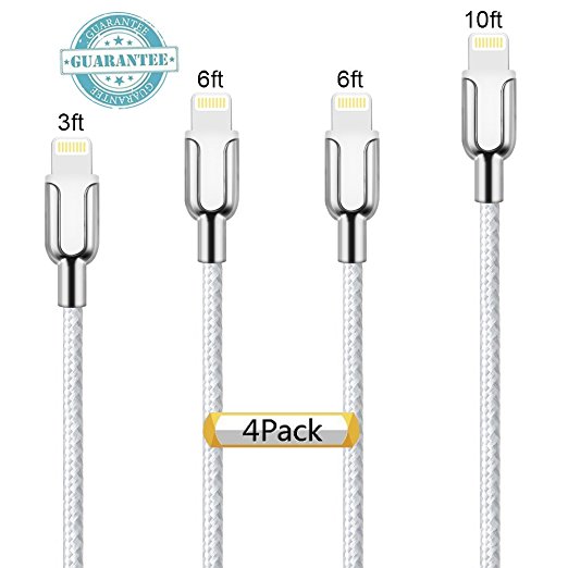 iPhone Cable 4Pack 3FT,6FT,6FT,10FT, DANTENG Extra Long Charging Cord Nylon Braided 8 Pin to USB Lightning Charger for iPhone 7,SE,5,5s,6,6s,6 Plus,iPad Air,Mini,iPod (SilverGrey)