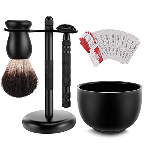 Amazing Razor Shaving Kit - Begin Quality Shave at Home. Mysterious Black Men's Shaving & Grooming Sets - Safety Razor,Friendly Brush,Great Shaving Stand,Shaving Soap Bowl, Super Stainless Blades