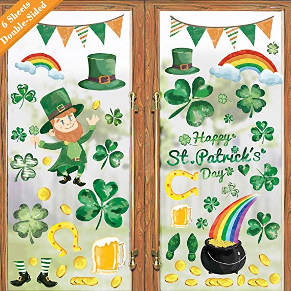 Ivenf St. Patricks Day Decorations Window Clings Decor, Large Shamrocks Leprechaun Top Hat Gold Coins for Kids School Home Office Accessories Party Supplies Gifts, 6 Sheets 105 pcs