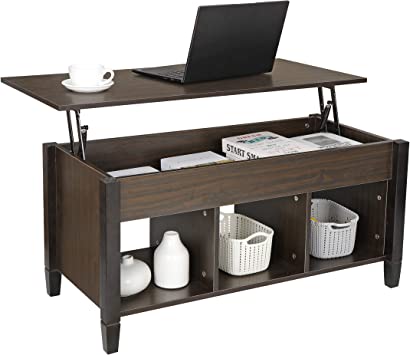 ZENY Lift Top Coffee Table with Hidden Compartment and 3 Divided Shelves Modern Furniture for Home, Living Room, Décor