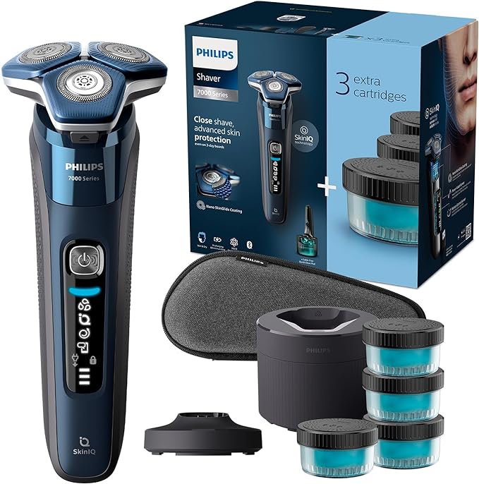 Philips Shaver Series 7000 - Wet & Dry Mens Electric Shaver with SkinIQ Technology, Pop-up Trimmer, Charging Stand, Travel Case, 1 x Quick Clean Pod and 4 x Quick Clean Cartridges (Model S7885/63)