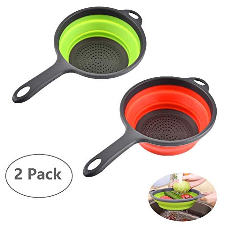 2 Pack Kitchen Foldable Silicone Strainer Colanders, Collapsible Colanders with Handles, Space-Saver Folding Strainer Colander for Draining Pasta, Vegetable (Green and Red)