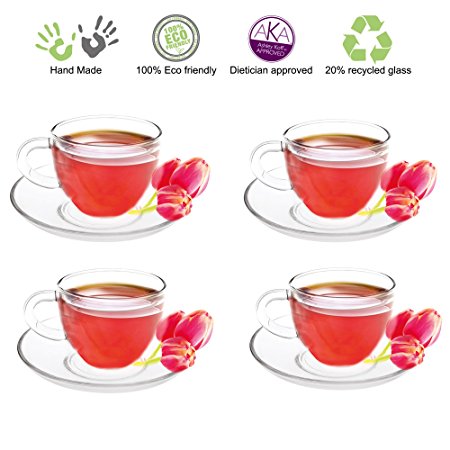 Tea Beyond Glass Teacups and Saucers F, 5-Ounce, Set of 4