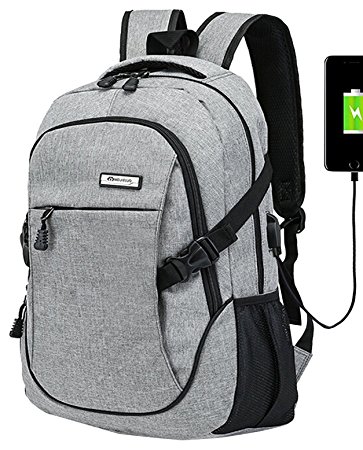 hopesport X-01 Laptop Computer Backpack, External USB Charge Port with Built-in USB Charging Cable, School/Travel Backpacks, Grey
