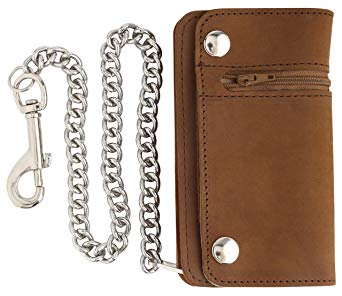 RFID Blocking Men's Tri-fold Vintage Long Style 6" Cowhide Top Grain Leather Steel Chain Wallet,Snap closure, Made In USA,
