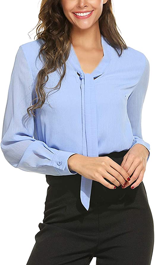 Bloggerlove Women Chiffon Blouses Long Sleeve Bow tie Neck Shirt/Button Down Shirt Business Blouses Shirts S-XXL