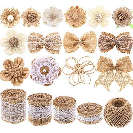 Yaomiao Natural Burlap Flowers Set, Include Lace Burlap Ribbon Roll, Handmade Rustic Burlap Flowers and Twine Ribbon for Wedding Home Embellishment