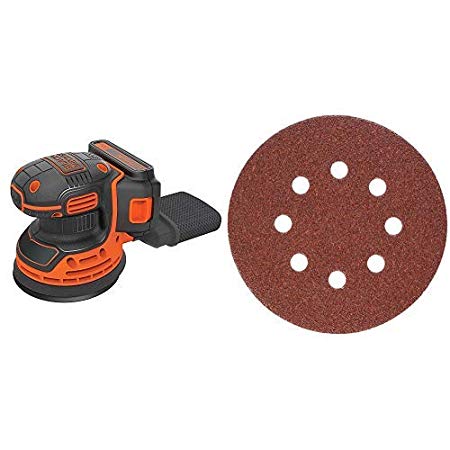 Black & Decker BDCRO20C 20V MAX Random Orbit Sander with Battery and Charger with PORTER-CABLE 735800625 5-Inch 8-Hole Hook and Loop 60 Grit Sanding Discs (25-Pack)